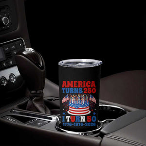 America Turns 250 I Turn 50 Funny 1976 Birthday Tumbler Cup American Flag Cake 1776 to 2026 Semiquincentennial TS02 Print Your Wear