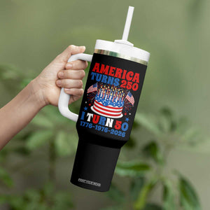 America Turns 250 I Turn 50 Funny 1976 Birthday Tumbler With Handle American Flag Cake 1776 to 2026 Semiquincentennial TS02 Print Your Wear