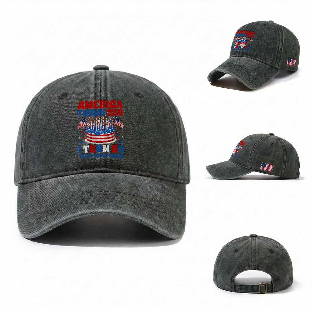 America Turns 250 I Turn 50 Funny 1976 Birthday Washed Cotton Baseball Cap American Flag Cake 1776 to 2026 Semiquincentennial TS02 Washed Cap Universal Fit Dark Green Print Your Wear