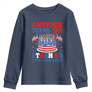 America Turns 250 I Turn 50 Funny 1976 Birthday Youth Sweatshirt American Flag Cake 1776 to 2026 Semiquincentennial TS02 Navy Print Your Wear