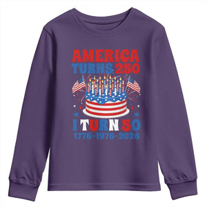 America Turns 250 I Turn 50 Funny 1976 Birthday Youth Sweatshirt American Flag Cake 1776 to 2026 Semiquincentennial TS02 Purple Print Your Wear