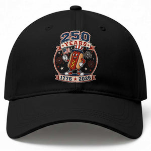 250 Years 1776 to 2026 Cartoon Hot Dog Baseball Cap Funny Uncle Sam Top Hat Waving American Flag Semiquincentennial TS02 Print Your Wear