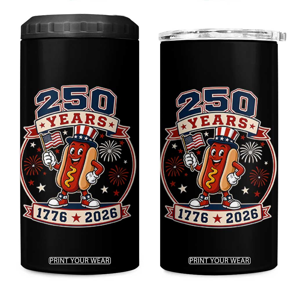 250 Years 1776 to 2026 Cartoon Hot Dog 4 in 1 Can Cooler Tumbler Funny Uncle Sam Top Hat Waving American Flag Semiquincentennial TS02 One Size: 16 oz Black Print Your Wear