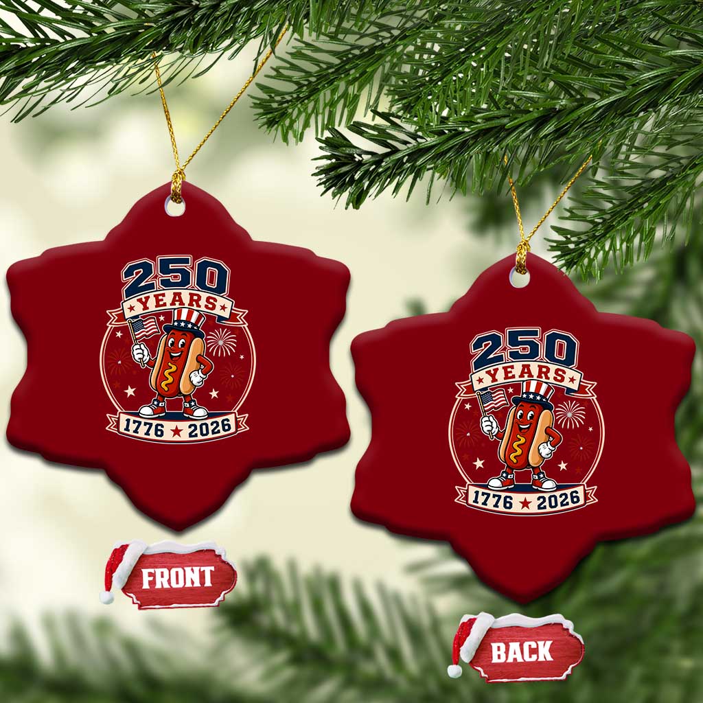 250 Years 1776 to 2026 Cartoon Hot Dog Ceramic Ornament Funny Uncle Sam Top Hat Waving American Flag Semiquincentennial TS02 Print Your Wear