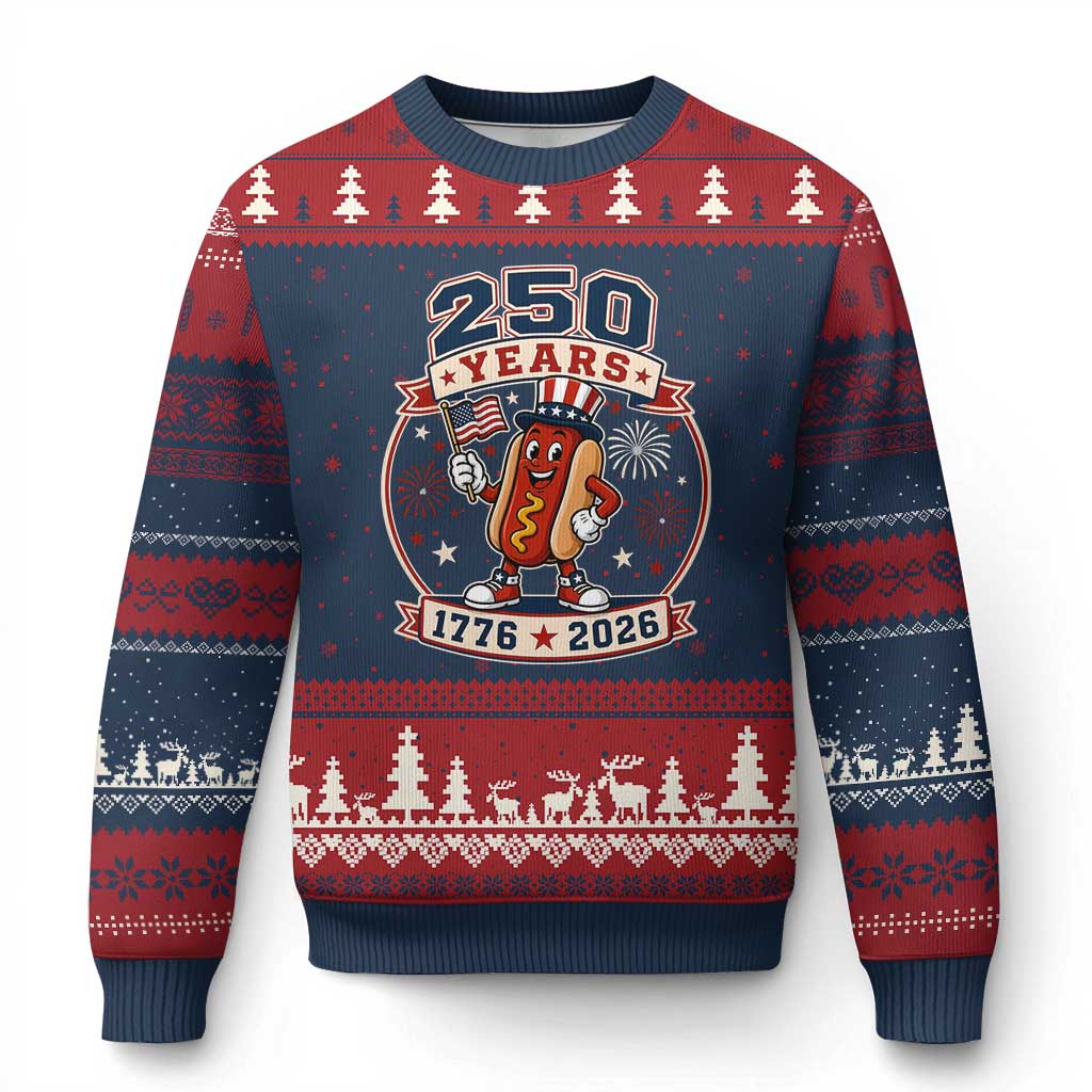 250 Years 1776 to 2026 Cartoon Hot Dog Ugly Christmas Sweater Funny Uncle Sam Top Hat Waving American Flag Semiquincentennial TS02 Navy Red Print Your Wear