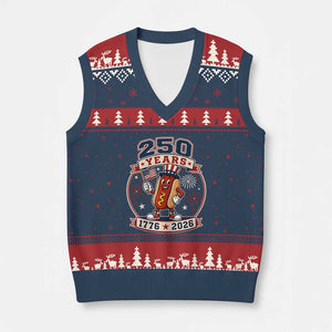 250 Years 1776 to 2026 Cartoon Hot Dog V-Neck Knit Sweater Vest Funny Uncle Sam Top Hat Waving American Flag Semiquincentennial TS02 Navy Red Print Your Wear