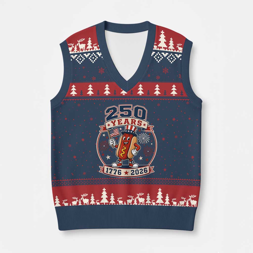 250 Years 1776 to 2026 Cartoon Hot Dog V-Neck Knit Sweater Vest Funny Uncle Sam Top Hat Waving American Flag Semiquincentennial TS02 Navy Red Print Your Wear