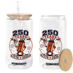 250 Years 1776 to 2026 Cartoon Hot Dog Glass Can Funny Uncle Sam Top Hat Waving American Flag Semiquincentennial TS02 Print Your Wear