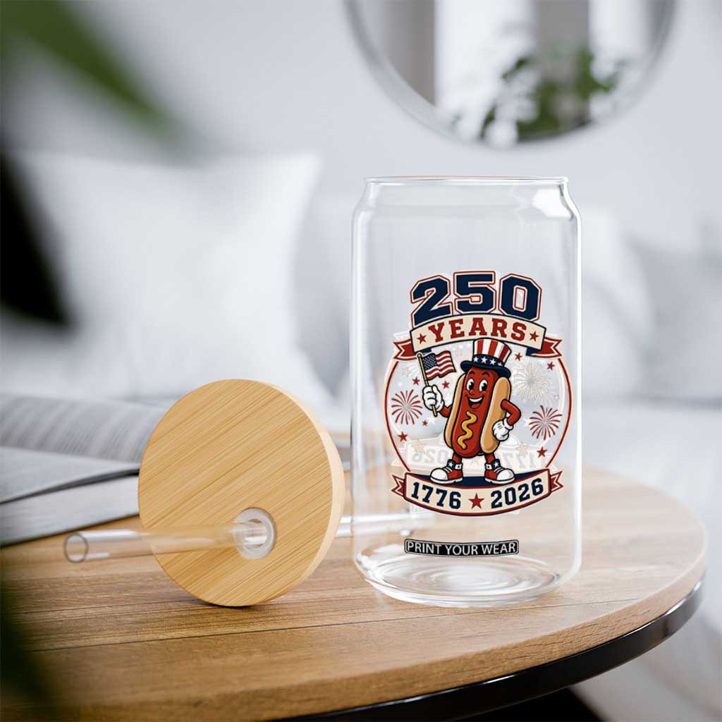 250 Years 1776 to 2026 Cartoon Hot Dog Glass Can Funny Uncle Sam Top Hat Waving American Flag Semiquincentennial TS02 Print Your Wear