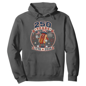 250 Years 1776 to 2026 Cartoon Hot Dog Hoodie Funny Uncle Sam Top Hat Waving American Flag Semiquincentennial TS02 Dark Heather Print Your Wear