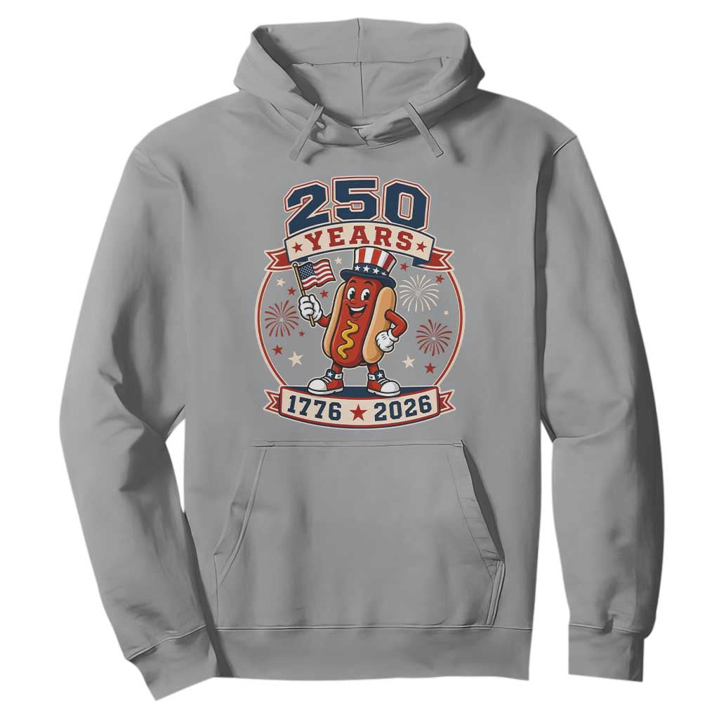 250 Years 1776 to 2026 Cartoon Hot Dog Hoodie Funny Uncle Sam Top Hat Waving American Flag Semiquincentennial TS02 Sport Gray Print Your Wear