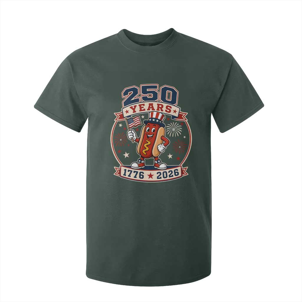 250 Years 1776 to 2026 Cartoon Hot Dog T Shirt For Kid Funny Uncle Sam Top Hat Waving American Flag Semiquincentennial TS02 Dark Forest Green Print Your Wear