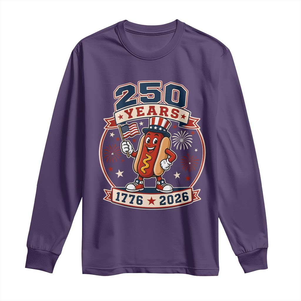 250 Years 1776 to 2026 Cartoon Hot Dog Long Sleeve Shirt Funny Uncle Sam Top Hat Waving American Flag Semiquincentennial TS02 Purple Print Your Wear