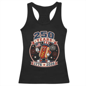 250 Years 1776 to 2026 Cartoon Hot Dog Racerback Tank Top Funny Uncle Sam Top Hat Waving American Flag Semiquincentennial TS02 Black Print Your Wear