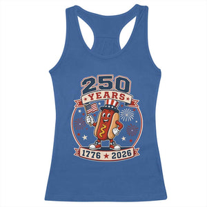 250 Years 1776 to 2026 Cartoon Hot Dog Racerback Tank Top Funny Uncle Sam Top Hat Waving American Flag Semiquincentennial TS02 Royal Blue Print Your Wear