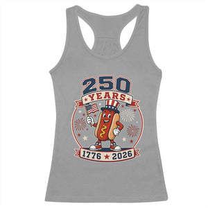 250 Years 1776 to 2026 Cartoon Hot Dog Racerback Tank Top Funny Uncle Sam Top Hat Waving American Flag Semiquincentennial TS02 Sport Gray Print Your Wear