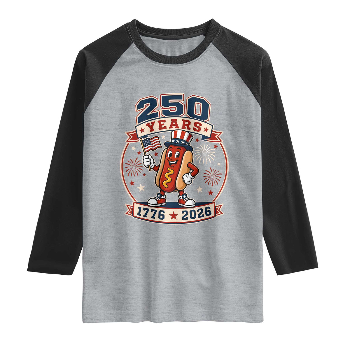 250 Years 1776 to 2026 Cartoon Hot Dog Raglan Shirt Funny Uncle Sam Top Hat Waving American Flag Semiquincentennial TS02 Heather Gray Black Print Your Wear