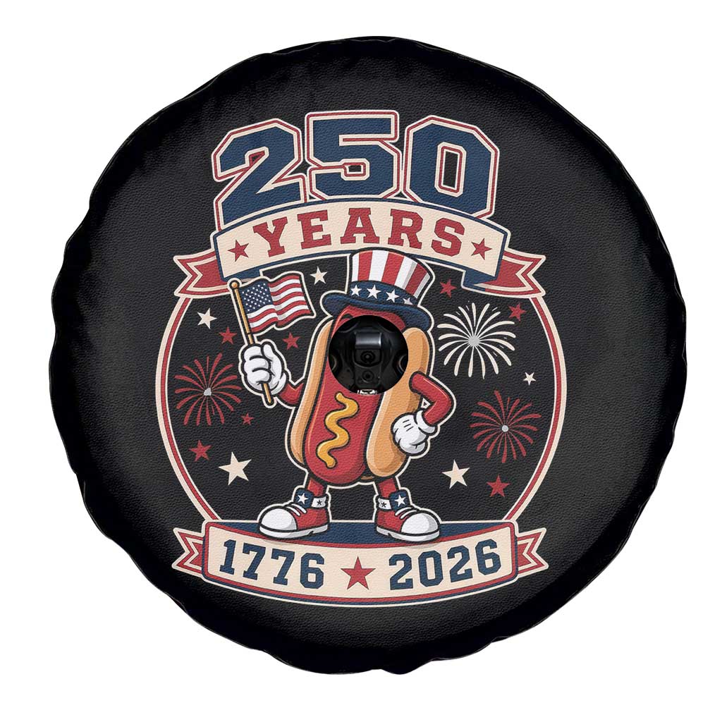 250 Years 1776 to 2026 Cartoon Hot Dog Spare Tire Cover Funny Uncle Sam Top Hat Waving American Flag Semiquincentennial TS02 Print Your Wear