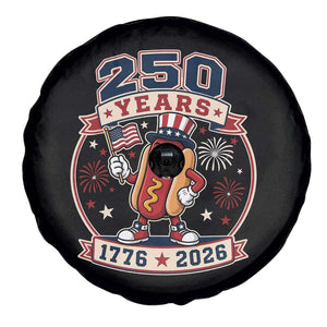 250 Years 1776 to 2026 Cartoon Hot Dog Spare Tire Cover Funny Uncle Sam Top Hat Waving American Flag Semiquincentennial TS02 Print Your Wear