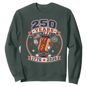 250 Years 1776 to 2026 Cartoon Hot Dog Sweatshirt Funny Uncle Sam Top Hat Waving American Flag Semiquincentennial TS02 Dark Forest Green Print Your Wear