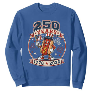 250 Years 1776 to 2026 Cartoon Hot Dog Sweatshirt Funny Uncle Sam Top Hat Waving American Flag Semiquincentennial TS02 Royal Blue Print Your Wear