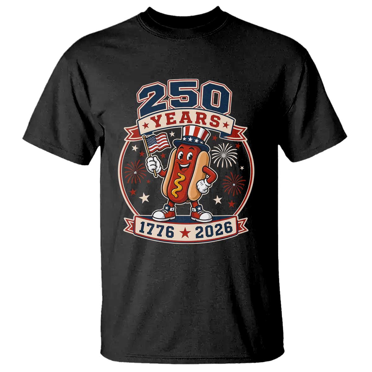 250 Years 1776 to 2026 Cartoon Hot Dog T Shirt Funny Uncle Sam Top Hat Waving American Flag Semiquincentennial TS02 Black Print Your Wear