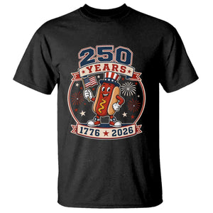 250 Years 1776 to 2026 Cartoon Hot Dog T Shirt Funny Uncle Sam Top Hat Waving American Flag Semiquincentennial TS02 Black Print Your Wear
