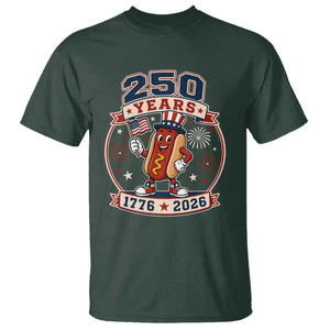 250 Years 1776 to 2026 Cartoon Hot Dog T Shirt Funny Uncle Sam Top Hat Waving American Flag Semiquincentennial TS02 Dark Forest Green Print Your Wear