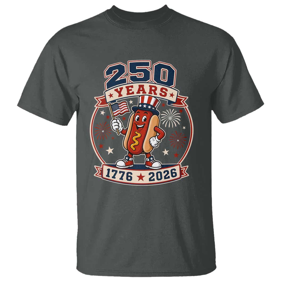 250 Years 1776 to 2026 Cartoon Hot Dog T Shirt Funny Uncle Sam Top Hat Waving American Flag Semiquincentennial TS02 Dark Heather Print Your Wear