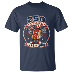250 Years 1776 to 2026 Cartoon Hot Dog T Shirt Funny Uncle Sam Top Hat Waving American Flag Semiquincentennial TS02 Navy Print Your Wear