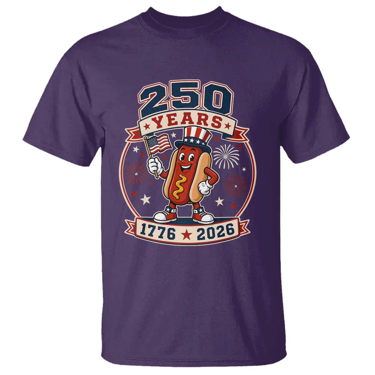 250 Years 1776 to 2026 Cartoon Hot Dog T Shirt Funny Uncle Sam Top Hat Waving American Flag Semiquincentennial TS02 Purple Print Your Wear
