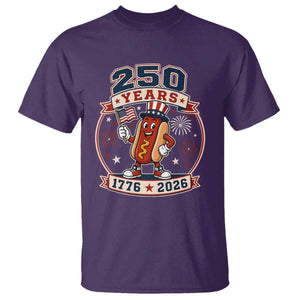 250 Years 1776 to 2026 Cartoon Hot Dog T Shirt Funny Uncle Sam Top Hat Waving American Flag Semiquincentennial TS02 Purple Print Your Wear