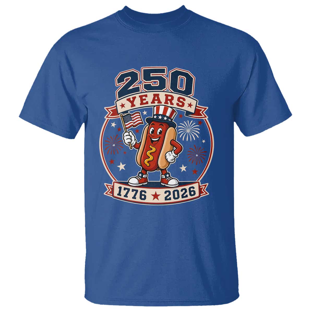 250 Years 1776 to 2026 Cartoon Hot Dog T Shirt Funny Uncle Sam Top Hat Waving American Flag Semiquincentennial TS02 Royal Blue Print Your Wear