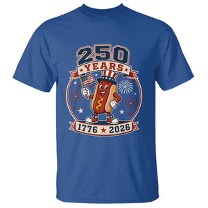250 Years 1776 to 2026 Cartoon Hot Dog T Shirt Funny Uncle Sam Top Hat Waving American Flag Semiquincentennial TS02 Royal Blue Print Your Wear