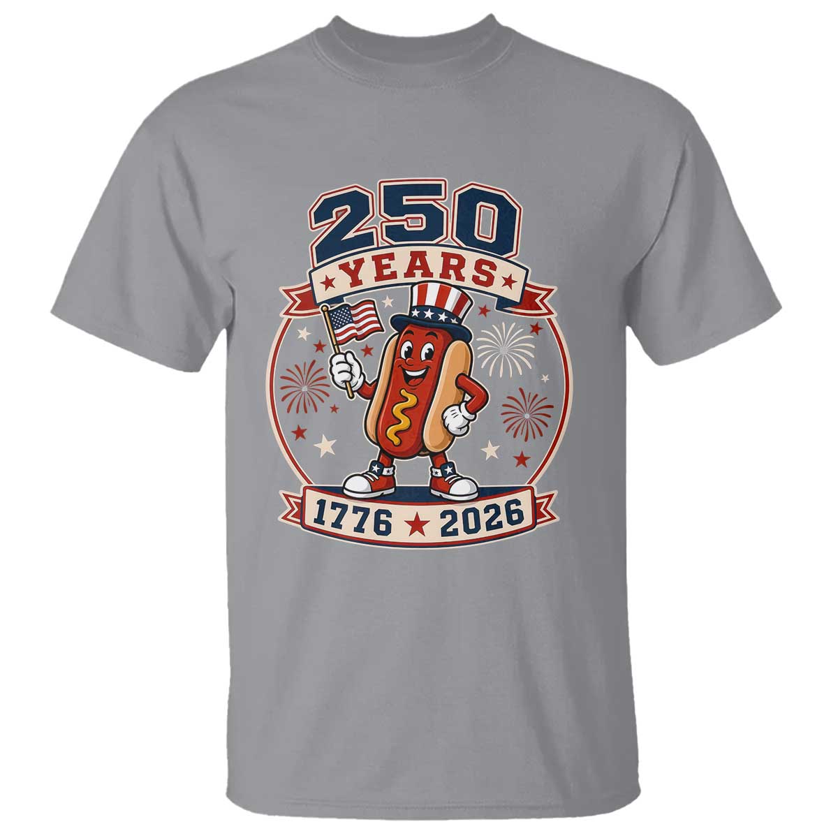 250 Years 1776 to 2026 Cartoon Hot Dog T Shirt Funny Uncle Sam Top Hat Waving American Flag Semiquincentennial TS02 Sport Gray Print Your Wear
