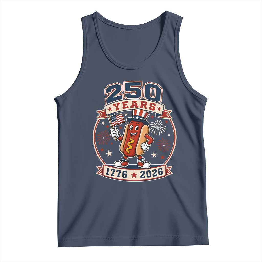 250 Years 1776 to 2026 Cartoon Hot Dog Tank Top Funny Uncle Sam Top Hat Waving American Flag Semiquincentennial TS02 Navy Print Your Wear
