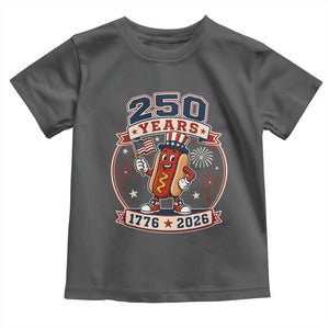 250 Years 1776 to 2026 Cartoon Hot Dog Toddler T Shirt Funny Uncle Sam Top Hat Waving American Flag Semiquincentennial TS02 Dark Heather Print Your Wear