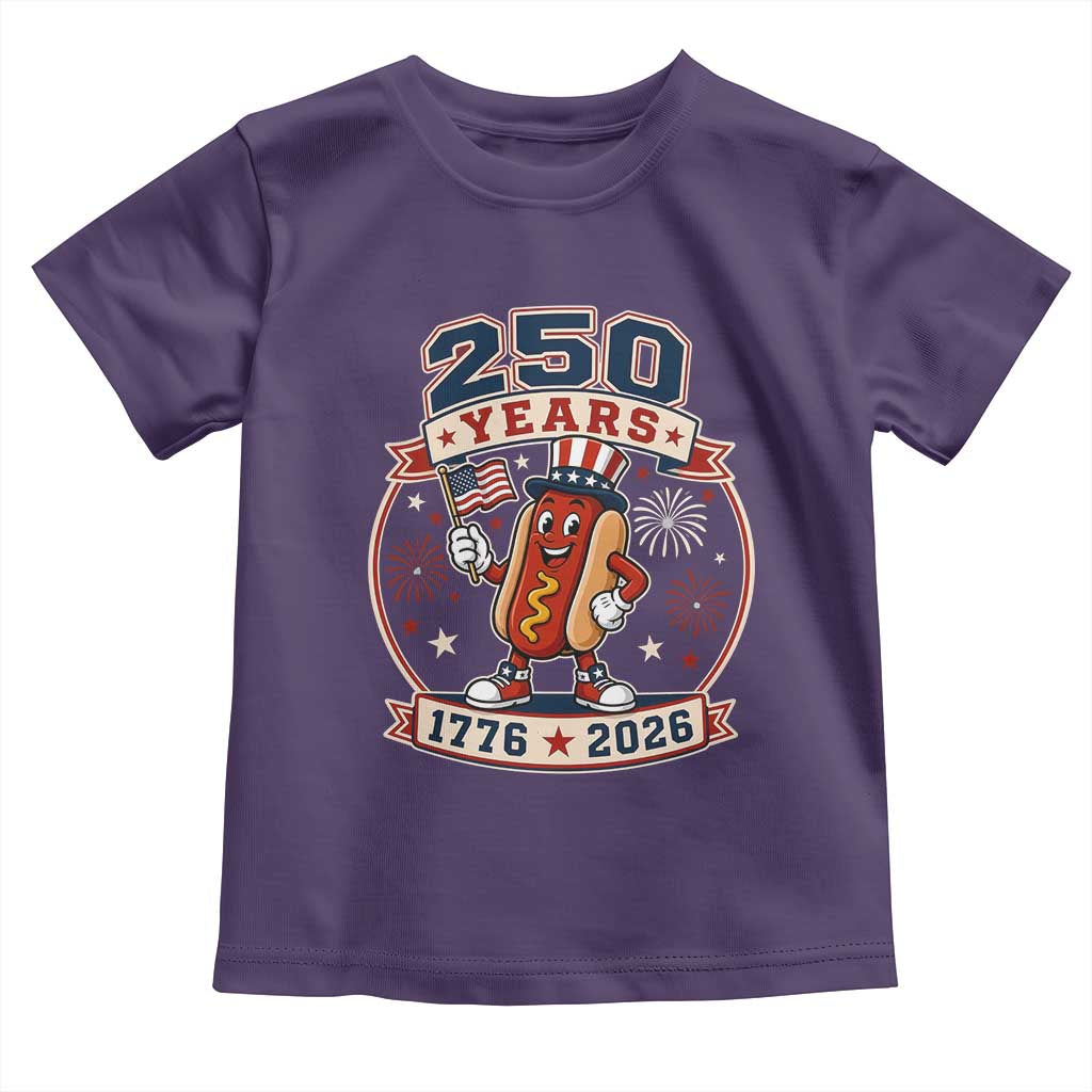 250 Years 1776 to 2026 Cartoon Hot Dog Toddler T Shirt Funny Uncle Sam Top Hat Waving American Flag Semiquincentennial TS02 Purple Print Your Wear