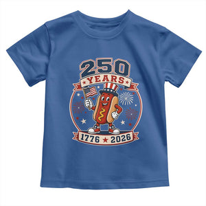 250 Years 1776 to 2026 Cartoon Hot Dog Toddler T Shirt Funny Uncle Sam Top Hat Waving American Flag Semiquincentennial TS02 Royal Blue Print Your Wear