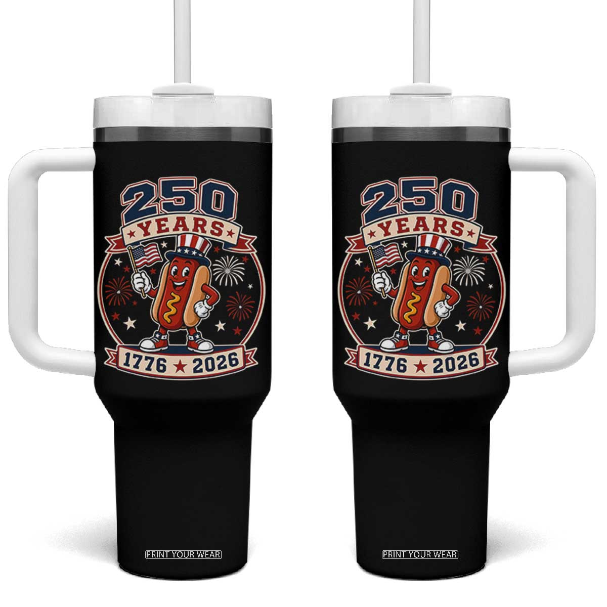 250 Years 1776 to 2026 Cartoon Hot Dog Tumbler With Handle Funny Uncle Sam Top Hat Waving American Flag Semiquincentennial TS02 One Size: 40 oz Black Print Your Wear