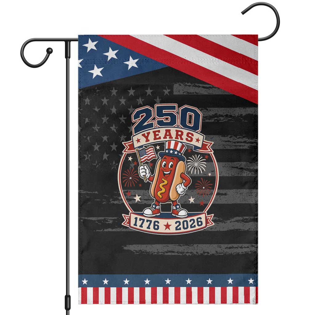 250 Years 1776 to 2026 Cartoon Hot Dog Patriotic Garden Flag Funny Uncle Sam Top Hat Waving American Flag Semiquincentennial