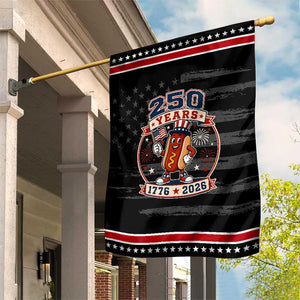 250 Years 1776 to 2026 Cartoon Hot Dog Patriotic Garden Flag Funny Uncle Sam Top Hat Waving American Flag Semiquincentennial