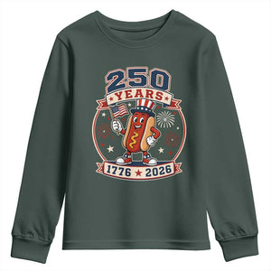 250 Years 1776 to 2026 Cartoon Hot Dog Youth Sweatshirt Funny Uncle Sam Top Hat Waving American Flag Semiquincentennial TS02 Dark Forest Green Print Your Wear