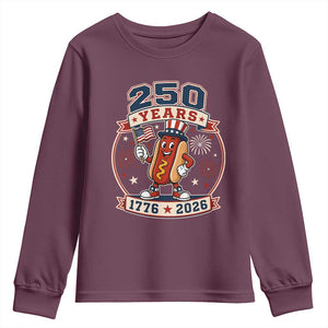 250 Years 1776 to 2026 Cartoon Hot Dog Youth Sweatshirt Funny Uncle Sam Top Hat Waving American Flag Semiquincentennial TS02 Maroon Print Your Wear