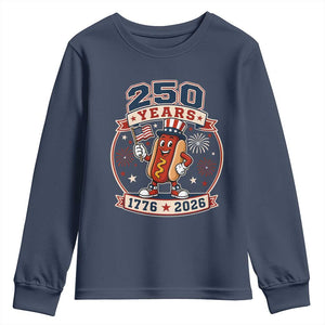 250 Years 1776 to 2026 Cartoon Hot Dog Youth Sweatshirt Funny Uncle Sam Top Hat Waving American Flag Semiquincentennial TS02 Navy Print Your Wear