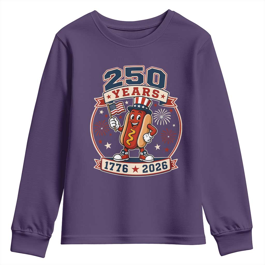 250 Years 1776 to 2026 Cartoon Hot Dog Youth Sweatshirt Funny Uncle Sam Top Hat Waving American Flag Semiquincentennial TS02 Purple Print Your Wear