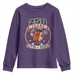 250 Years 1776 to 2026 Cartoon Hot Dog Youth Sweatshirt Funny Uncle Sam Top Hat Waving American Flag Semiquincentennial TS02 Purple Print Your Wear