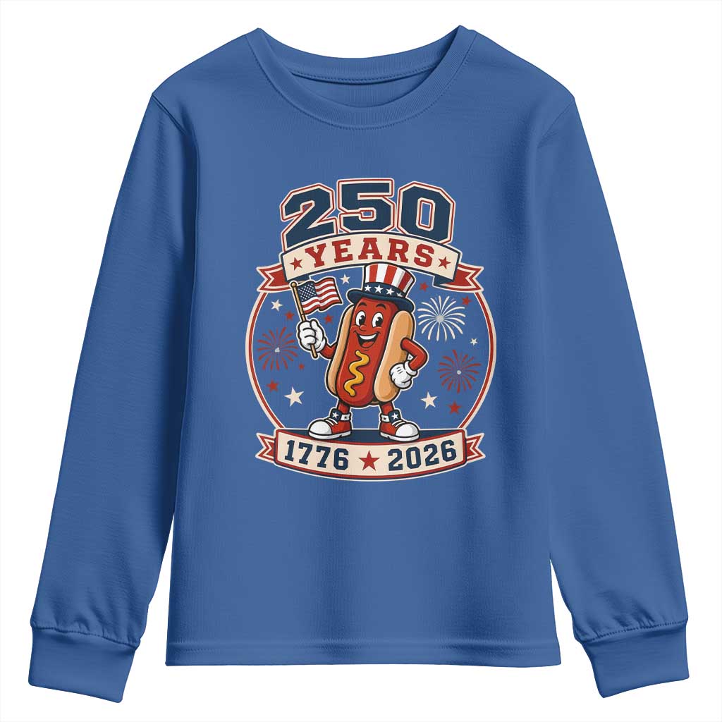 250 Years 1776 to 2026 Cartoon Hot Dog Youth Sweatshirt Funny Uncle Sam Top Hat Waving American Flag Semiquincentennial TS02 Royal Blue Print Your Wear