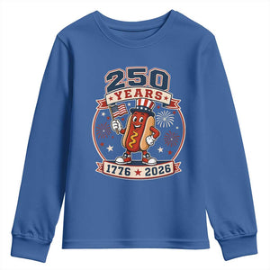 250 Years 1776 to 2026 Cartoon Hot Dog Youth Sweatshirt Funny Uncle Sam Top Hat Waving American Flag Semiquincentennial TS02 Royal Blue Print Your Wear