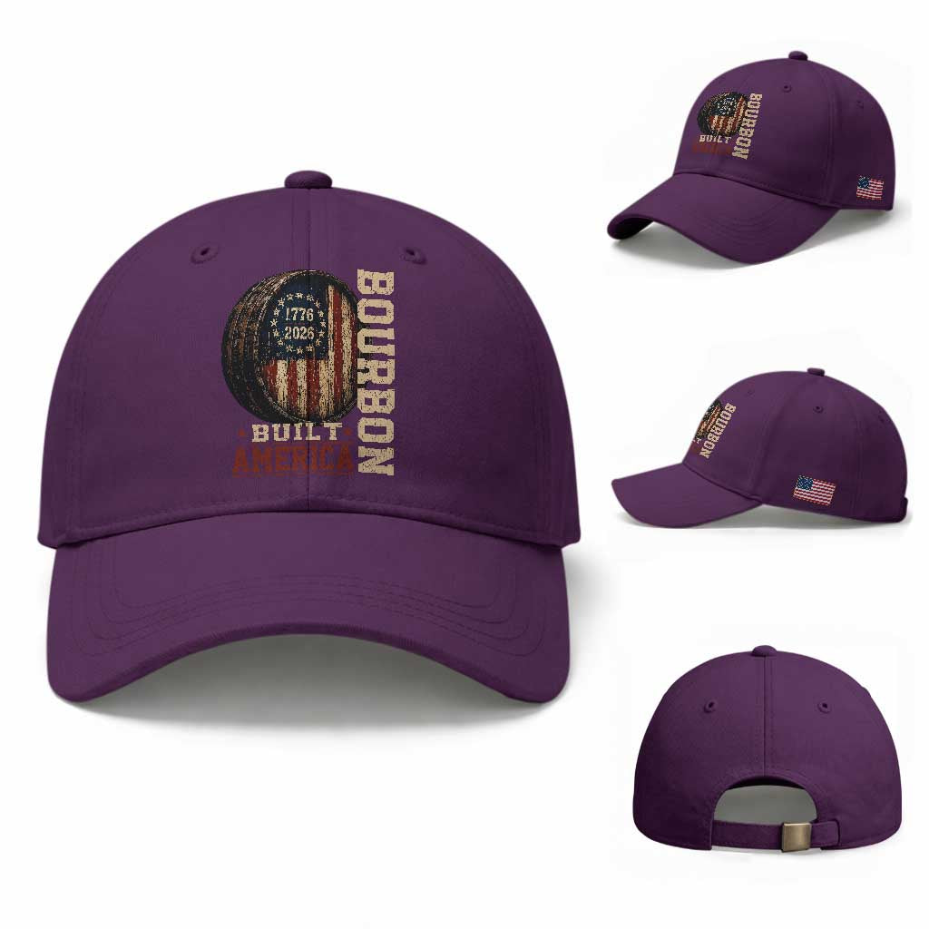 Bourbon Built America Vintage Distressed Graphic Baseball Cap American Flag Whiskey Barrel 1776 to 2026 Semiquincentennial Patriotic TS02 Baseball Cap Universal Fit Purple Print Your Wear